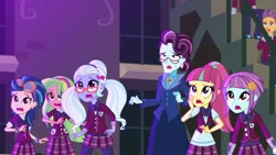 Size: 1280x720 | Tagged: safe, derpibooru import, screencap, indigo zap, lemon zest, principal abacus cinch, sour sweet, sugarcoat, sunny flare, equestria girls, friendship games, clothes, crystal prep academy uniform, crystal prep shadowbolts, glasses, scared, school uniform, shadow five