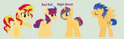 Size: 1024x326 | Tagged: safe, artist:aquadusk, derpibooru import, flash sentry, sunset shimmer, oc, oc:night shield, oc:red bolt, pony, female, flashimmer, male, offspring, parent:flash sentry, parent:sunset shimmer, parents:flashimmer, shipping, straight