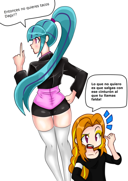 Size: 2009x2836 | Tagged: safe, artist:eliozdherion, artist:orochivanus, derpibooru import, adagio dazzle, sonata dusk, equestria girls, clothes, dialogue, food, jacket, simple background, skirt, socks, sonataco, spanish, taco, thigh highs, traditional art, translated in the description, white background