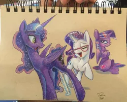 Size: 1080x867 | Tagged: safe, artist:tsitra360, derpibooru import, princess luna, rarity, twilight sparkle, twilight sparkle (alicorn), alicorn, pony, commission, cute, female, glasses, grumpy, grumpy twilight, jealous, lesbian, lunabetes, magic, mare, measuring tape, open mouth, raribetes, shipping, traditional art, twiabetes, twilight is not amused, twiluna, unamused