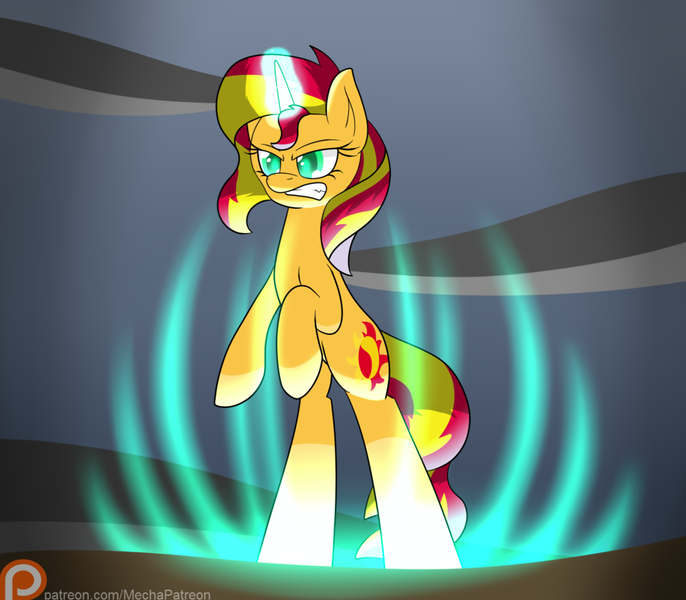 Size: 1024x896 | Tagged: safe, artist:mechanized515, derpibooru import, sunset shimmer, pony, unicorn, equestria girls, glowing horn, gritted teeth, magic, patreon, patreon logo, rearing, solo