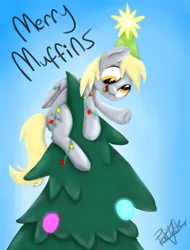 Size: 4414x5796 | Tagged: safe, artist:pucksterv, derpibooru import, derpy hooves, pegasus, pony, a hearth's warming tail, absurd resolution, christmas, christmas lights, christmas tree, derpy star, female, holiday, mare, simple background, solo, tree