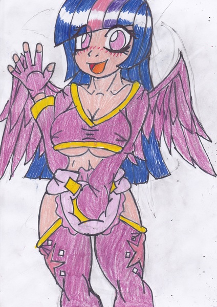 Size: 2433x3441 | Tagged: artist:cuddlelamb, derpibooru import, diaper, diaper fetish, female, human, humanized, questionable, solo, solo female, traditional art, winged humanization