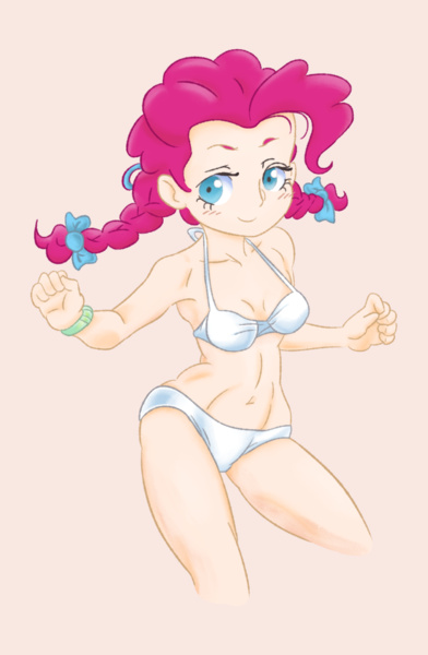 Size: 901x1378 | Tagged: alternate hairstyle, artist:adequality, artist:mrs1989, belly button, bra, breasts, clothes, derpibooru import, female, human, human coloration, humanized, panties, pigtails, pinkie pie, solo, solo female, suggestive, underwear, white underwear