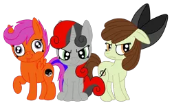 Size: 2592x1556 | Tagged: safe, artist:squipycheetah, derpibooru import, apple bloom, scootaloo, sweetie belle, elements of insanity, creepy belle, cute, cutie mark creeps, cutie mark crusaders, cutie mark monsters, evil, francie bloom, grumpy, happy, insanity, karateloo, looking at you, looking away, looking back, raised hoof, scowl, simple background, sitting, smiling, smirk, spread wings, standing, tongue out, transparent background, trio, vector