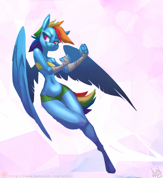 Size: 1099x1200 | Tagged: anthro, arm wraps, artist:atryl, athletic tape, bandeau, belly button, breasts, clothes, delicious flat chest, derpibooru import, female, hand wraps, midriff, rainbow dash, rainbow flat, safe, shorts, smiling, solo, taped fists, unguligrade anthro