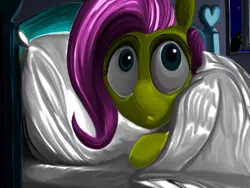 Size: 1024x768 | Tagged: artist:ponsce, bed, blanket, derpibooru import, fluttershy, lying down, night, pillow, safe, solo, worried