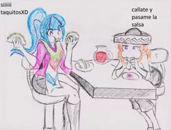 Size: 2673x2031 | Tagged: safe, artist:orochivanus, derpibooru import, adagio dazzle, sonata dusk, equestria girls, blushing, food, hat, sonataco, spanish, taco, traditional art, translated in the description