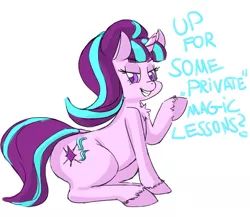 Size: 1500x1300 | Tagged: artist:dragoncircle, derpibooru import, question, sitting, smiling, solo, starlight glimmer, suggestive, text