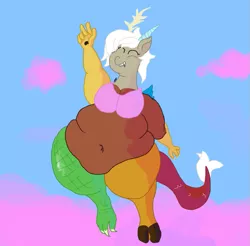 Size: 807x795 | Tagged: anthro, artist:lupin quill, bbw, big belly, bra, busty eris, clothes, cloud, cotton candy, cotton candy cloud, derpibooru import, discord, eris, fat, food, happy, huge eris, peace sign, rule 63, safe, solo, underwear
