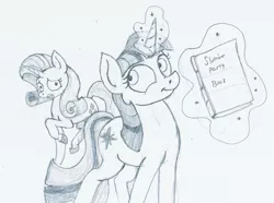 Size: 1907x1416 | Tagged: artist:paskanaakka, derpibooru import, mlp rewind art challenge, monochrome, rarity, safe, sketch, traditional art, twilight sparkle