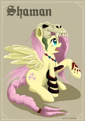 Size: 848x1200 | Tagged: artist:ailynd, blackletter, braided tail, derpibooru import, fantasy class, fluttershy, helmet, open mouth, safe, shadow, shaman, skull, skull helmet, snake, solo