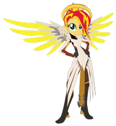 Size: 1600x1740 | Tagged: safe, artist:sonofaskywalker, derpibooru import, sunset shimmer, equestria girls, alternate hairstyle, circe luna, crossover, latin american, mercy, overwatch, shimmercy, solo, voice actor joke