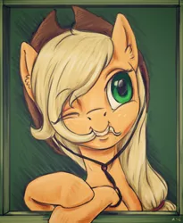 Size: 2300x2800 | Tagged: safe, artist:kovoranu, derpibooru import, applejack, pony, bust, chewing, cowboy hat, cute, ear fluff, grin, hat, jackabetes, nom, portrait, silly, silly pony, smiling, solo, stetson, who's a silly pony, wink