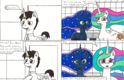 Size: 1024x658 | Tagged: artist:eternaljonathan, chubby, comic, comic:a new twist, derpibooru import, guardian, horn ring, oc, oc:nemo, princess celestia, princess luna, royal sisters, safe, science fiction, traditional art