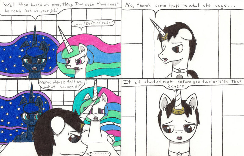 Size: 1024x657 | Tagged: artist:eternaljonathan, chubby, comic, comic:a new twist, derpibooru import, guardian, horn ring, oc, oc:nemo, princess celestia, princess luna, royal sisters, safe, science fiction, traditional art