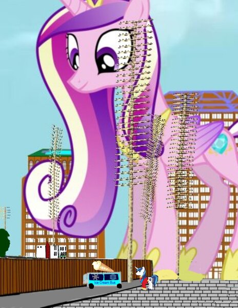 Size: 1020x1320 | Tagged: safe, artist:oceanrailroader, derpibooru import, princess cadance, shining armor, pony, city, giant pony, giantess, macro, mega cadance, titan, wat