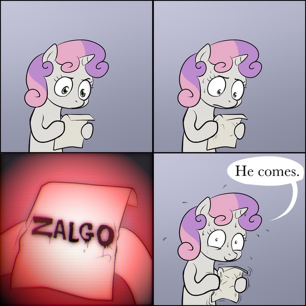 Size: 1024x1024 | Tagged: safe, derpibooru import, sweetie belle, pony, unicorn, breaking the fourth wall, comic, crying, exploitable meme, female, filly, he comes, impending doom, meme, meta, obligatory pony, photoshop, solo, sweat, sweetie's note meme, zalgo