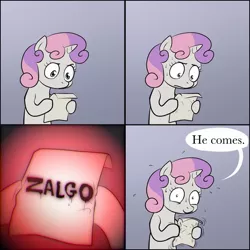 Size: 1024x1024 | Tagged: safe, derpibooru import, sweetie belle, pony, unicorn, breaking the fourth wall, comic, crying, exploitable meme, female, filly, he comes, impending doom, meme, meta, obligatory pony, photoshop, solo, sweat, sweetie's note meme, zalgo