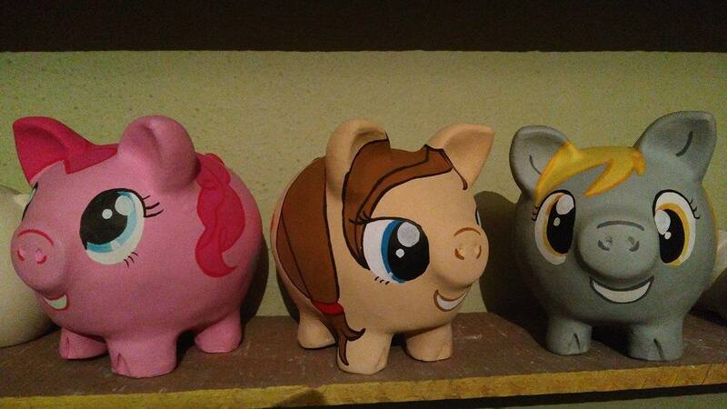 Size: 1184x666 | Tagged: safe, derpibooru import, derpy hooves, pinkie pie, oc, oc:cream heart, pegasus, pig pony, pony, bank, brony, female, mare, merchandise, piggy bank