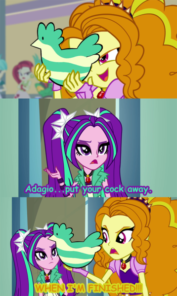 Size: 597x1000 | Tagged: questionable, derpibooru import, edit, screencap, adagio dazzle, aria blaze, equestria girls, rainbow rocks, abridgimon, innuendo, screencap comic, steven universe, team four star, watermelon chicken