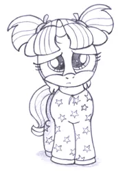 Size: 1876x2581 | Tagged: artist:an-tonio, clothes, cute, derpibooru import, female, filly, filly starlight glimmer, moe, monochrome, pajamas, pigtails, sad, safe, solo, starlight glimmer, traditional art, younger