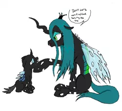 Size: 986x890 | Tagged: artist:d3monickitty666, artist:the-laughing-horror, changeling, changeling queen, cute, cutealis, cuteling, derpibooru import, dialogue, digital art, edit, female, mommy chrissy, mother and child, ms paint, nymph, queen chrysalis, sad, safe, simple background, starvation, white background