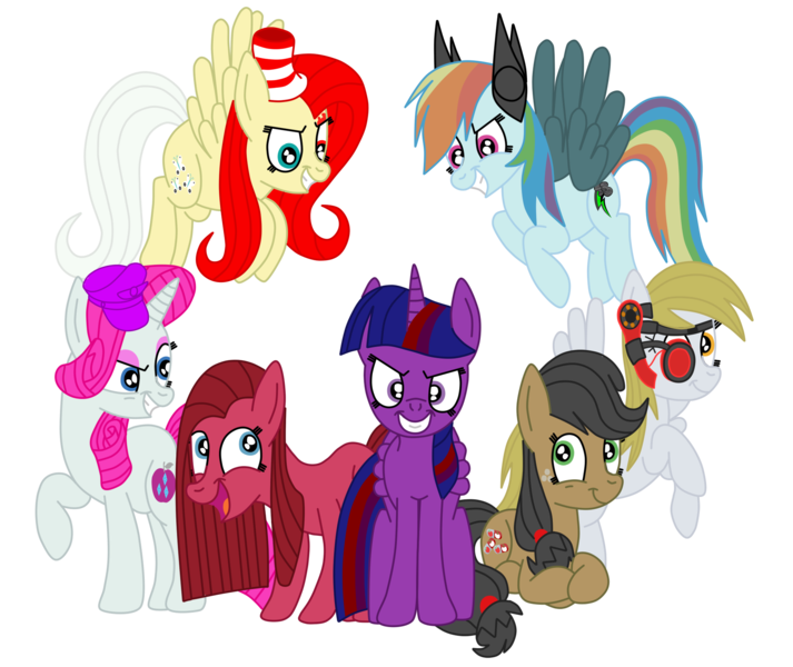 Size: 1900x1600 | Tagged: safe, artist:squipycheetah, derpibooru import, applejack, derpy hooves, ditzy doo, fluttershy, pinkie pie, rainbow dash, rarity, twilight sparkle, twilight sparkle (alicorn), alicorn, earth pony, pegasus, pony, unicorn, elements of insanity, alternate cutie mark, alternate universe, applepills, brutalight sparcake, demented seven, demented six, derpigun, female, fluttershout, folded wings, happy, hat, looking at you, looking back, looking down, looking up, mane six, mare, missing accessory, open mouth, pinkamena diane pie, pinkis cupcake, prone, rainbine, rainbine ears, raised hoof, rarifruit, simple background, sitting, smiling, smirk, spread wings, standing, teeth, transparent background, vector