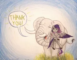 Size: 1012x790 | Tagged: safe, artist:thefriendlyelephant, derpibooru import, oc, oc:evening howler, oc:obi, unofficial characters only, elephant, pegasus, pony, duo, feather, grass, size difference, speech bubble, thank you art, thank you gift, traditional art, trunk, trunkhug, tusk