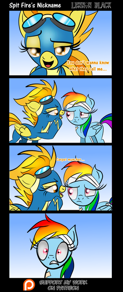 Size: 1024x2415 | Tagged: suggestive, artist:lennonblack, derpibooru import, rainbow dash, spitfire, pegasus, pony, newbie dash, clothes, comic, female, implied cunnilingus, implied oral, implied sex, innuendo, mare, spitfire's nickname, wide eyes, wonderbolts uniform