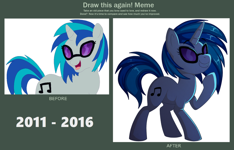 Size: 1566x1004 | Tagged: artist:thegamblehorse, comparison, derpibooru import, draw this again, safe, vinyl scratch