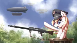 Size: 3600x2026 | Tagged: safe, artist:aryanne, derpibooru import, oc, oc:aryanne, unofficial characters only, earth pony, pony, airship, aryan pony, cloud, fascism, female, forest, germany, gun, hat, heart, heil, image, machine gun, mg-42, nazi, pinup, png, reich, salute, sieg heil, sky, solo, starry eyes, swastika, tank (vehicle), wallpaper, we are going to heil, weapon, wingding eyes, zeppelin