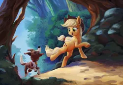 Size: 1200x824 | Tagged: safe, artist:maggwai, derpibooru import, applejack, winona, earth pony, pony, looking at each other, open mouth, running, scenery, tongue out, tree, underhoof
