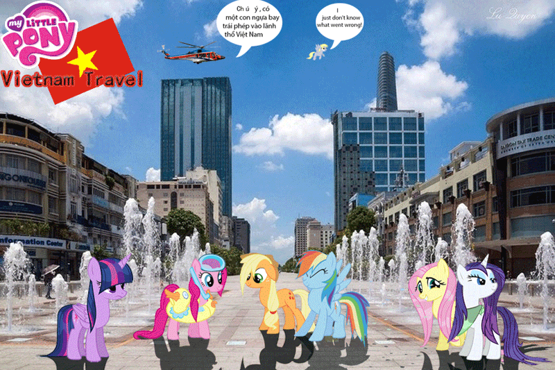 Size: 900x600 | Tagged: safe, artist:trungtranhaitrung, derpibooru import, applejack, derpy hooves, fluttershy, pinkie pie, rainbow dash, rarity, twilight sparkle, twilight sparkle (alicorn), alicorn, pony, clothes, female, fountain, helicopter, ho chi minh city, irl, language, mane six, mare, photo, ponies in real life, quotes, skyscraper, swimsuit, talking, tower, vector, vietnam, wet, wet mane, wet mane rarity