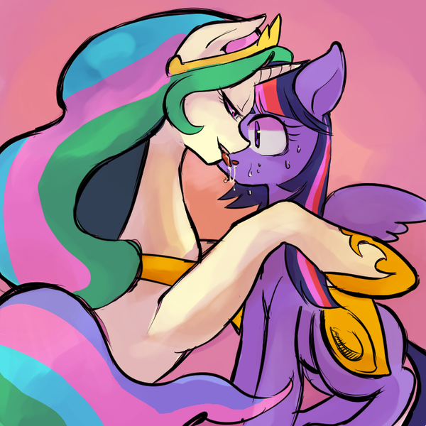 Size: 800x800 | Tagged: questionable, artist:akomaru, derpibooru import, princess celestia, twilight sparkle, twilight sparkle (alicorn), alicorn, pony, female, kissing, lesbian, mare, shipping, sloppy kissing, twilestia