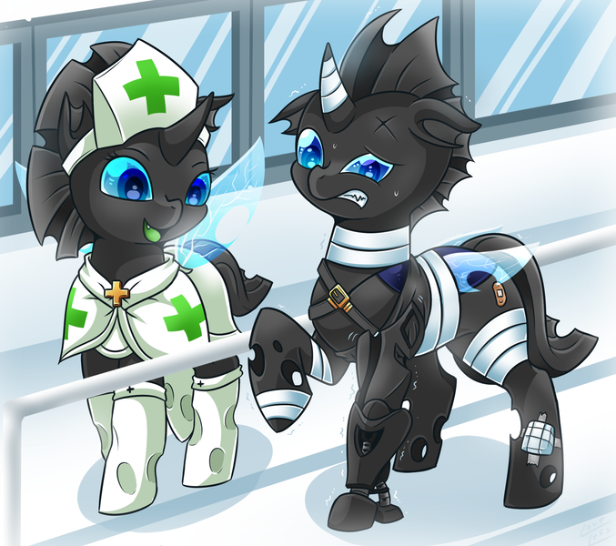 Size: 1800x1596 | Tagged: amputee, artist:vavacung, bandage, changeling, derpibooru import, hospital, nurse, prosthetics, recovery, rehab, safe