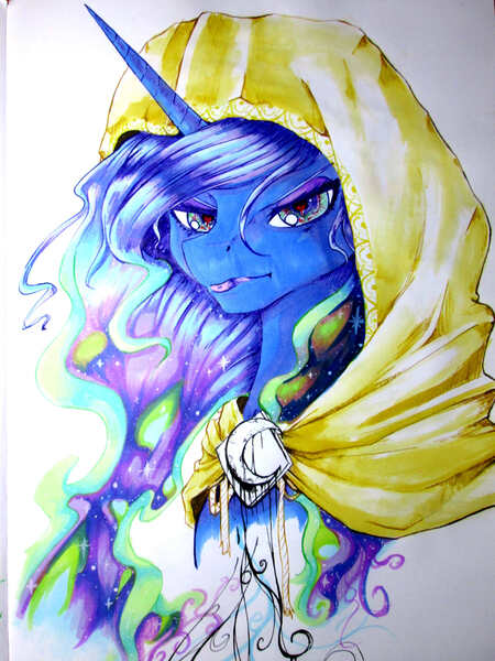 Size: 1200x1600 | Tagged: safe, artist:aerostoner, derpibooru import, princess luna, cloak, clothes, frown, heart eyes, solo, traditional art, wingding eyes