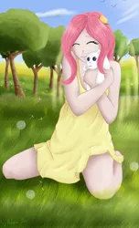 Size: 1200x1980 | Tagged: safe, artist:0okami-0ni, derpibooru import, angel bunny, fluttershy, human, clothes, dress, humanized