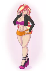Size: 1036x1600 | Tagged: suggestive, artist:annon, derpibooru import, sunset shimmer, human, equestria girls, abs, bimbo, bimbo shimmer, bimboification, bra, breasts, busty sunset shimmer, cleavage, clothes, ear piercing, female, growth, high heels, humanized, jacket, leather jacket, legs, midriff, piercing, shoes, skirt, slutset shimmer, solo, solo female, thighs, underwear