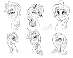 Size: 4593x3643 | Tagged: safe, artist:tsand106, derpibooru import, applejack, fluttershy, pinkie pie, rainbow dash, rarity, twilight sparkle, twilight sparkle (alicorn), alicorn, pony, absurd resolution, female, lineart, mane six, mare, monochrome, simple background, tongue out, white background