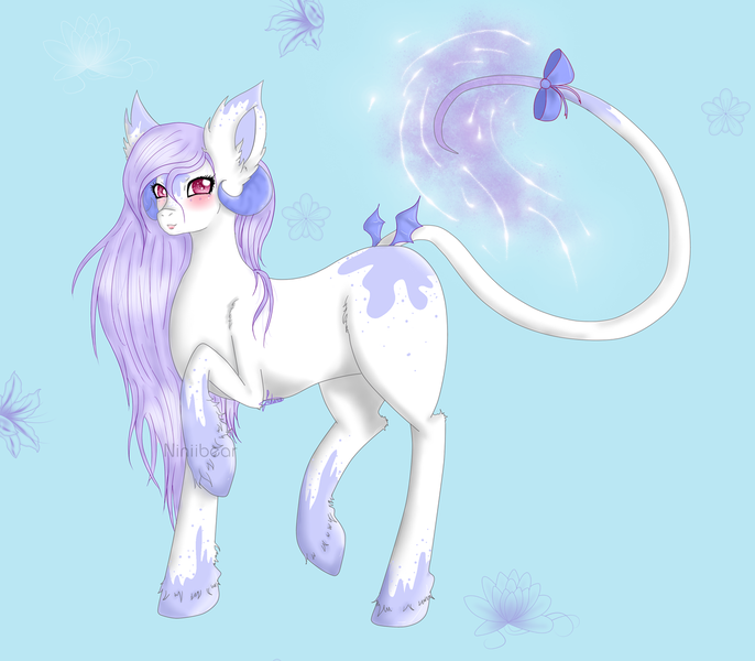 Size: 1280x1119 | Tagged: safe, artist:niniibear, derpibooru import, oc, unofficial characters only, adoptable, blushing, butt wings, collaboration, ear fluff, horns, raised hoof, simple background, smoke, solo, unshorn fetlocks