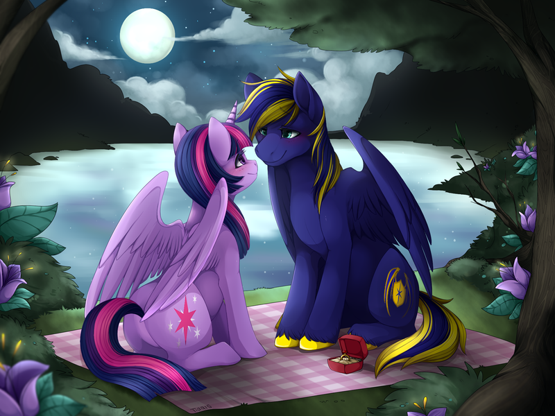 Size: 2000x1500 | Tagged: safe, artist:mr-tiaa, derpibooru import, twilight sparkle, twilight sparkle (alicorn), oc, oc:zephyr, alicorn, pony, blushing, canon x oc, engagement ring, female, flower, lake, looking at each other, mare, moon, mountain, night, picnic blanket, shipping, sitting, spread wings, twiphyr