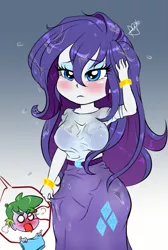 Size: 659x983 | Tagged: suggestive, artist:pia-sama, derpibooru import, rarity, spike, equestria girls, big breasts, blood, blushing, breasts, female, human spike, male, nosebleed, see-through, shipping, sparity, straight, wet, wet hair