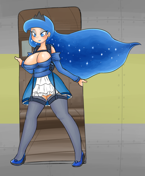 Size: 1161x1413 | Tagged: air ponyville, artist:basketgardevoir, big breasts, breasts, busty princess luna, cleavage, clothes, commission, derpibooru import, dress, female, gala dress, high heels, human, humanized, parachute, plane, princess luna, short skirt, skirt, solo, stockings, suggestive