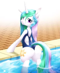 Size: 931x1134 | Tagged: artist:hashioaryut, blue swimsuit, blushing, clothes, cute, cutelestia, derpibooru import, female, looking at you, one-piece swimsuit, pixiv, plot, princess celestia, solo, solo female, suggestive, sunbutt, swimming pool, swimsuit, wedgie, wet mane