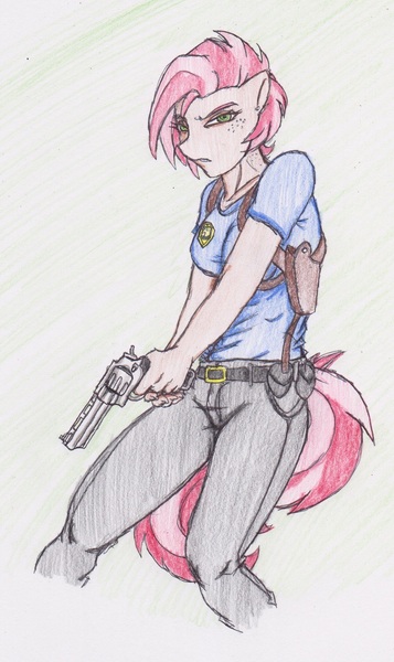 Size: 778x1308 | Tagged: anthro, artist:zoarenso, babs seed, derpibooru import, gun, no trigger discipline, older, revolver, safe, solo, traditional art, weapon