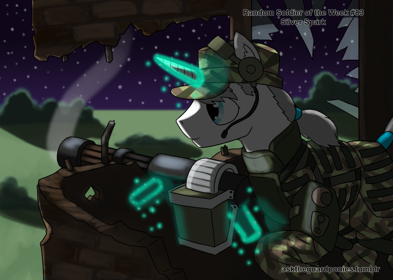 Size: 1280x914 | Tagged: safe, artist:asktheguardponies, derpibooru import, oc, oc:silver spark, unofficial characters only, pony, unicorn, army, gun, headset, male, military, military uniform, ponytail, solo, stallion, weapon