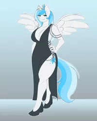 Size: 640x800 | Tagged: safe, artist:lunis1992, derpibooru import, oc, oc:lyoko hope, unofficial characters only, alicorn, anthro, plantigrade anthro, alicorn oc, anthro oc, beads, bedroom eyes, big breasts, black dress, breasts, clothes, commission, dress, female, multicolored hair, solo