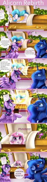 Size: 900x3469 | Tagged: safe, artist:pridark, derpibooru import, princess celestia, princess luna, twilight sparkle, twilight sparkle (alicorn), alicorn, pony, :p, angry, bipedal, blushing, cewestia, coffin, comic, crying, cute, cutelestia, eating, everything went better than expected, eyes closed, female, filly, floppy ears, flower, funeral, glare, glow, headcanon, horses doing horse things, huzzah, levitation, magic, mare, nom, onomatopoeia, open mouth, pink-mane celestia, raspberry, raspberry noise, rebirth, regeneration, reincarnation, rest in peace, shocked, smiling, spread wings, telekinesis, tongue out, wide eyes