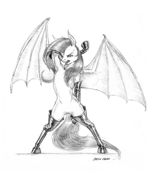 Size: 1200x1394 | Tagged: suggestive, artist:baron engel, derpibooru import, fluttershy, bat pony, pony, armpits, bipedal, boots, clothes, featureless crotch, female, flutterbat, monochrome, pencil drawing, race swap, socks, solo, solo female, thigh highs, traditional art